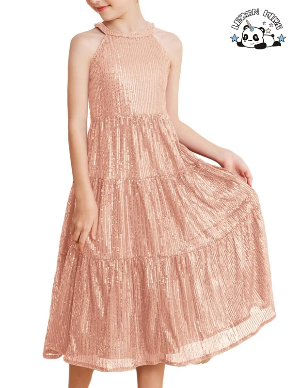 LEZONKIDS - Professional Factory Sleeveless Sequin Patches Long Skirt Kids Christmas Party Dress